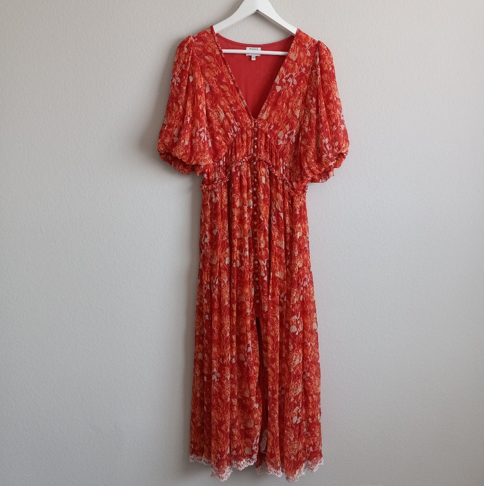 Hemant & Nandita Dawn Silk Midi Dress Orange Floral M - Picture 4 of 16
